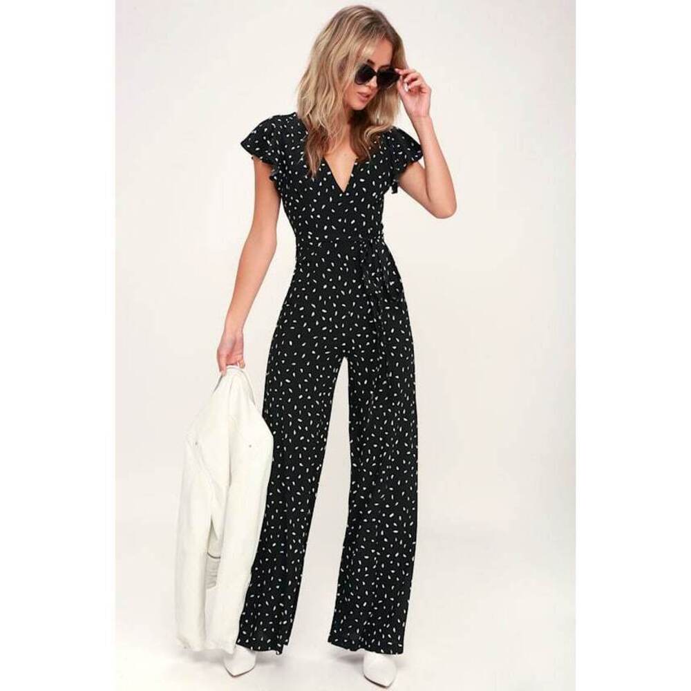 Lulus Fine Print Black And White Print Backless Jumpsuit - Size L